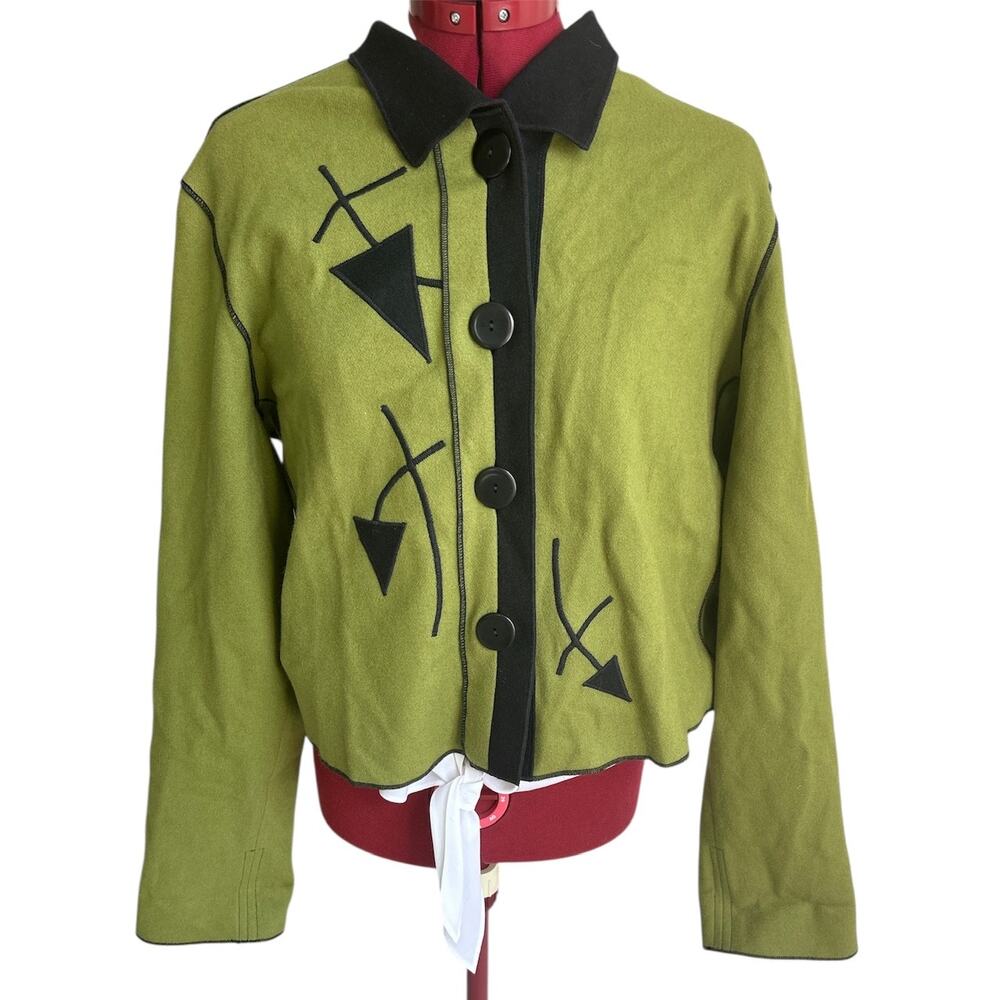Vintage Beppa Women’s Size Medium 100% Pure Wool Artsy Green‎ & Black Jacket